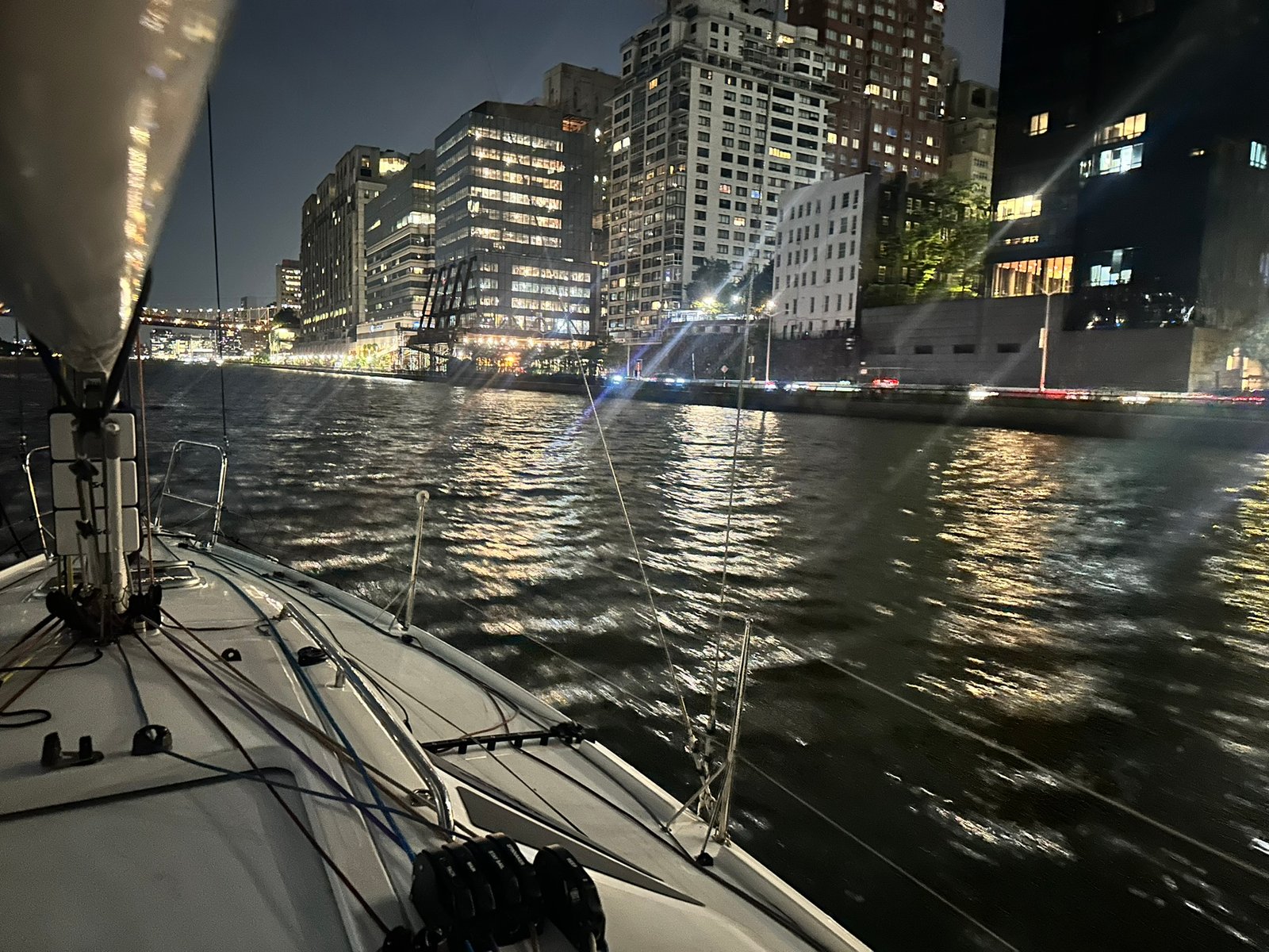 Night transit on the East River, Manhattan